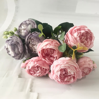 30cm Rose Pink Silk Peony Artificial Flowers Bouquet 5 Big Head and 4 Bud Cheap Fake Flowers for Home Wedding Decoration indoor