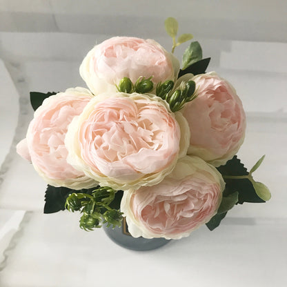 30cm Rose Pink Silk Peony Artificial Flowers Bouquet 5 Big Head and 4 Bud Cheap Fake Flowers for Home Wedding Decoration indoor